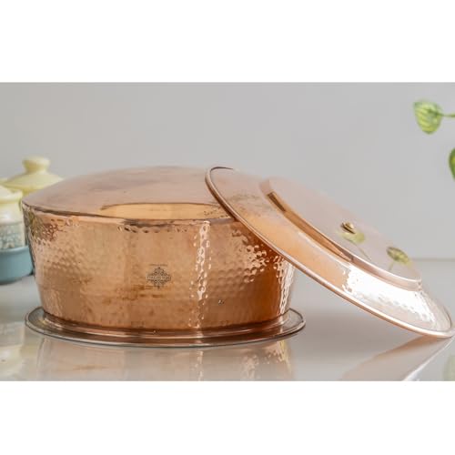 Image of Indian Art Villa Handcrafted Hammered Copper Serving Handi with Lid and Tin Lining - Traditional Indian Cookware Handi for Serving Rice, Curries, and Dishes - 2800 ML Capacity