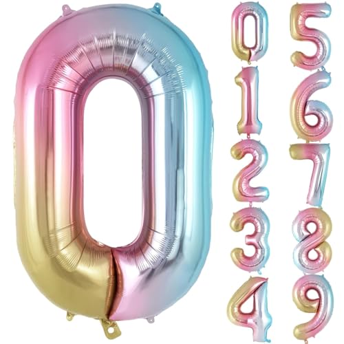 Image of Rozi Decoration 32 Inch Rainbow Theme 0 Number Foil Balloons for Birthday, Anniversary, 10 Year Bday Party Decorations Items | Number Balloon for Kids & Adults Decor Pack of 1 Pcs