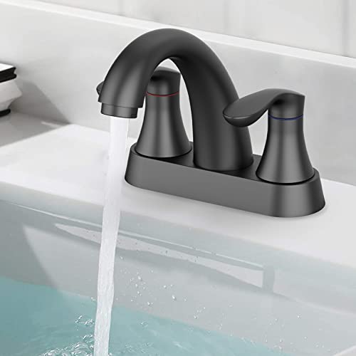 Bathroom Faucet, 4 Inch Bathroom Faucets for Sink 3 Hole, Centerset Bathroom Sink Faucet with Pop Up Drain and cUPC Lead-Free Hose(Matte Black)