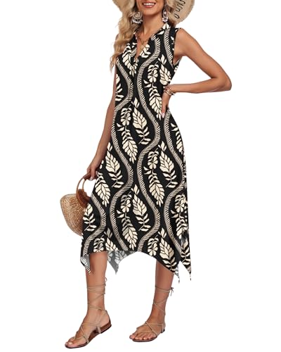 Image of AUSELILY Womens Summer Midi Dress V Neck Sleeveless Casual with Pockets | Flowy womens summer dress with asymmetrical hem, great for beach, vacation and daily wear