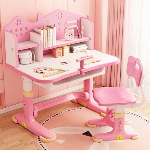 Sulfar Height Adjustable Kids Desk and Chair Set Study Table with Bookshelf & Drawer Ergonomic School Desk Set for Boys & Girls Bedroom Furniture for Children