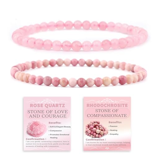 NCB 2-Piece 4mm Natural Crystal Gemstone Stretch Bracelets - Pink Quartz Rhodochrosite Handmade Reiki Energy Healing Jewelry for Meditation Yoga Unisex