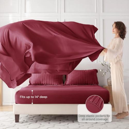Image of MUXHOMO 7 Pieces King Comforter Set, Seersucker Bed in a Bag King Size, All Season Luxury Bedding Set with Comforter, Flat Sheet, Fitted Sheet, Pillowcases & Shams, Burgundy