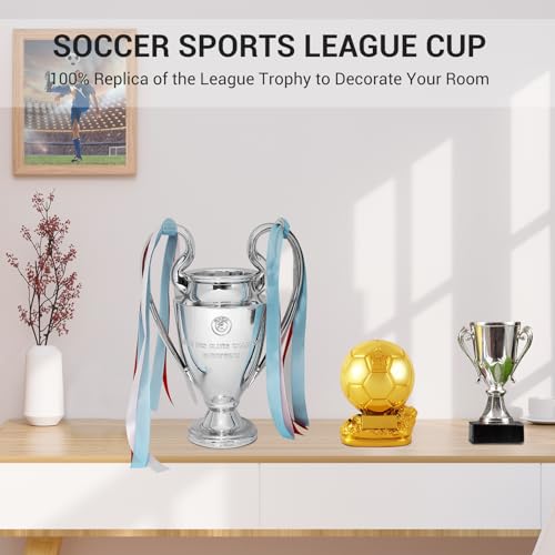 Fubosi Champions Trophy, Soccer Sports League Cup, Championship Trophy Resin Replica, Electroplating Process, Silver with Colorful Ribbons for Office Decoration Birthday Gifts, 12.6 Inch