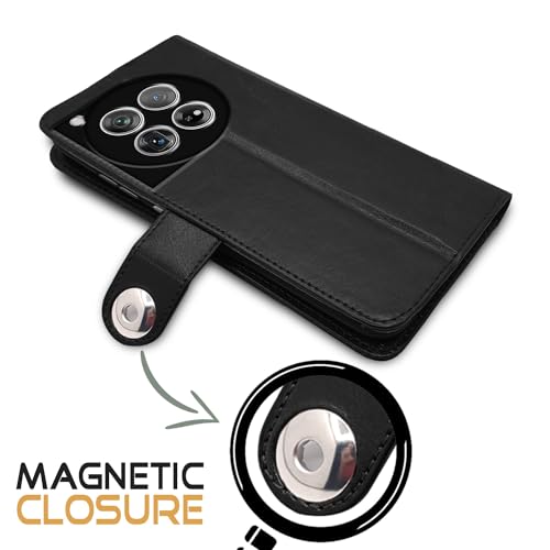 Image of Pikkme OnePlus 12 5G Flip Cover Leather Finish | Inside TPU with Card Pockets | Wallet Stand and Shock Proof | Complete Protection Button Flip Case (Black)