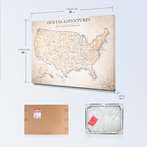 Image of IPIC - Vintage USA Map Pin Board Canvas Wall Art, Travel Map with Pins Included, Ready to Hang for Home or Office 40x30 Inch