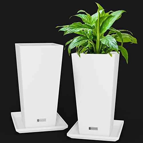 Elevens 2-Pack White Outdoor Planters 20 Inch, Plastic Square Tapered Planters For Indoor Outdoor Plants, Large Planters With Tray For Patio #TOP27
