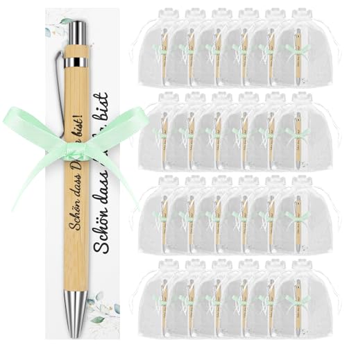 50 Stück Holz-Kugelschreiber Mit Spruch „Schön, Dass Du Da Bist“ – 13,6 Cm, Gastgeschenk Für Hochzeit, Geburtstag, Taufe