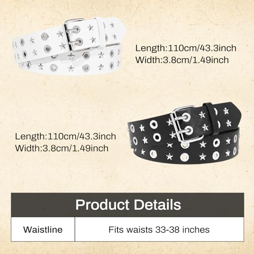 2 Pcs Black White Star Belt Y2k Punk Rock Belt with Grommet Gothic Belts for Women Men3