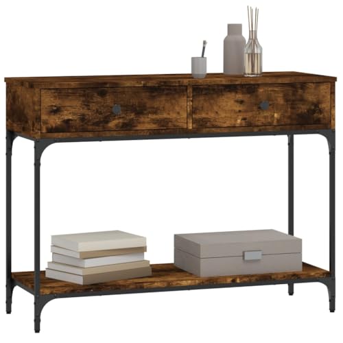 Mesa consola de madera de roble ahumado con cajón y estante de 100 cm 8