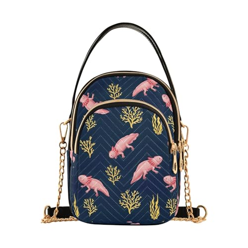 Cartoon Coral Pink Axolotls Blue One Shoulder Purse Women Cell Phone Purse Chain Strap Floral Print Ladies Crossbody Satchel Bag, 5.9
