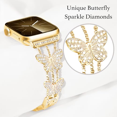 Image of Butterfly Band for Apple Watch Bands 40mm 41mm 42mm for Women Gold | 42mm(S11 /10) 38mm iWatch SE Series 11 10 9 8 7 6 5 4 3, Slim Thin Metal Fancy Bling Dressy Strap for Apple Watch Band-Gold