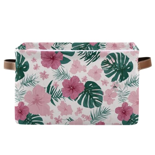 Image of Aslsiy Storage Basket Hibiscus Flower Pink Nursery Bins Monstera Leaf Baby Box Canvas Clothes Shelf Basket Laundry Hamper 1 Pcs