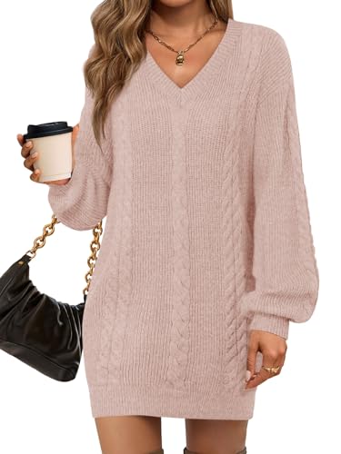 Saodimallsu Strickkleid Damen Pulloverkleid V Ausschnitt Herbstkleid Oversize Strickpullover Kleid Sexy Minikleid,Rosa,M