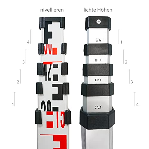 Teleskop-Nivellierlatte 7 m (lichte Höhen) – E-Teilung & mm-Teilung, mit Dosenlibelle & Nylontasche