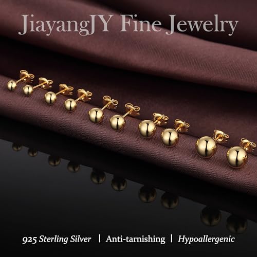 18K Gold Plated Sterling Silver Ball Stud Earrings for Women Men, Round High Polished Balls Studs Hypoallergenic, Butterfly Back (4mm/ 5mm/ 6mm/ 7mm/ 8mm)2