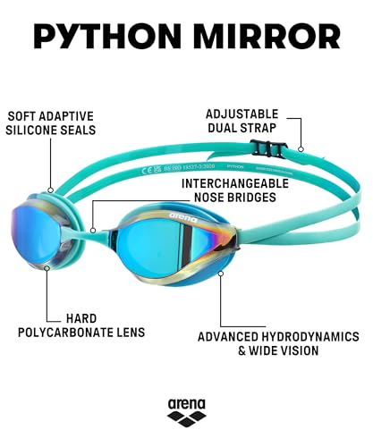 Image of ARENA Unisex Python Racing Swim Goggles for Men and Women Anti-Fog No Leak Max Comfort Dual Strap, Mirror /Non-Mirror Lens