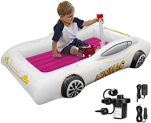 KINMAC Inflatable Toddler Travel Bed- Portable Travel Toddler Air Bed for Kids Camping Air Mattress Racecar Toddler Bed with Sides Blow Up Mattress Sleeping Pad for Camping Car Travel(Rose Red)