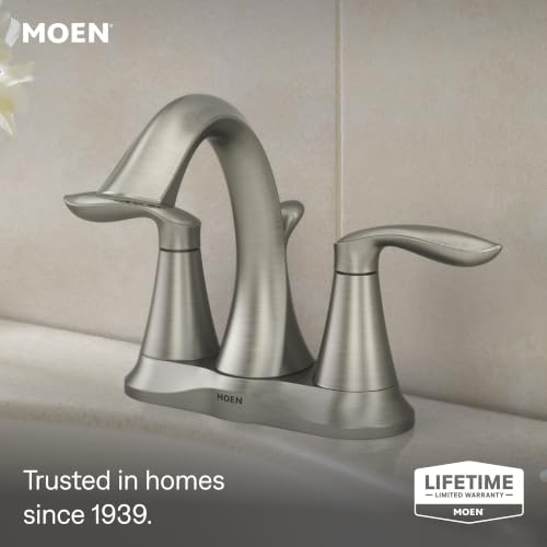 Image of Moen Eva Brushed Nickel Two-Handle 4-Inch Centerset Bathroom Faucet with Drain Assembly, Bathroom Faucets for Sink 3-Hole, 6410BN