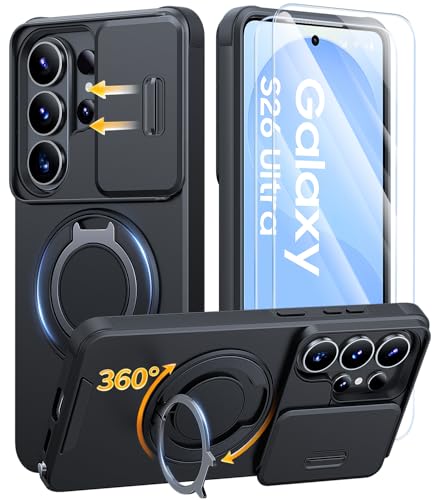 AOUIA for Samsung S26 Ultra Case and 2 Pack Screen Protector Military Protection Shockproof Samsung Galaxy S26 Ultra Case with Slide Camera Cover & 360 Rotating Kickstand Black