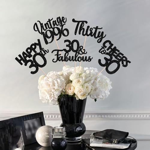Image of 15 PCS Black 30th Birthday Centerpiece Sticks Thirty Happy 30th Vintage 1996 Table Flower Centerpieces Sticks Cheers to 30 Fabulous Floral Decorations for 30th Birthday Party Supplies