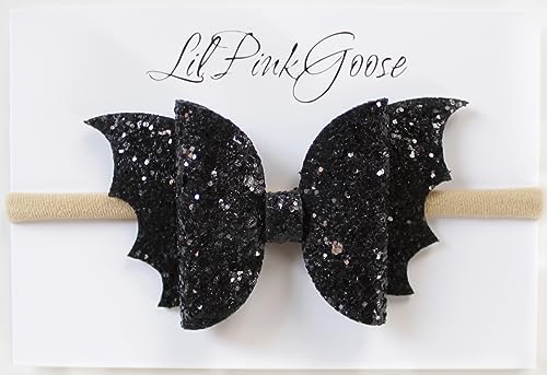 Halloween Black Glitter Bat Bow Headbands for Baby Girls and Toddlers (Khaki Nylon Band)