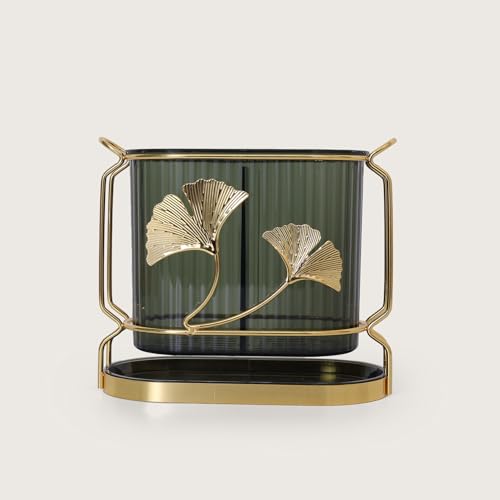 Image of HOME 360 Gingko Leaves Cutlery Holder - Decorative Metal & Acrylic Spoon Stand for Kitchen Table | Use for Dining Table & Kitche Decor | 18x16 cm Gold Finish Organizer