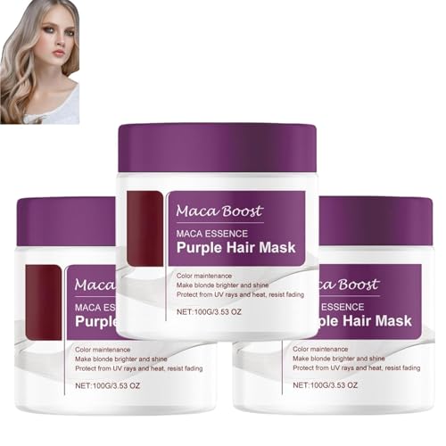 Maca Essence Mascarilla Capilar Púrpura, Mascarilla Capilar Maca Púrpura, Mascarilla Capilar de Colágeno, Acondicionador Hidratante Púrpura Neutraliza Tonos Latón y Amarillo (3pcs)