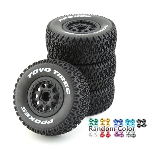 Chanmoo 1/10 RC Short Course Truck Wheels and Tires with 12mm Hex 1:10 Scale Off Road Tyres for 1/10 RC Off-Road Car Traxxas TRX4 Slash Arrma Losi Tenacity Vkar 10sc Hpi RC Buggy Car 4PCS (A Tires)