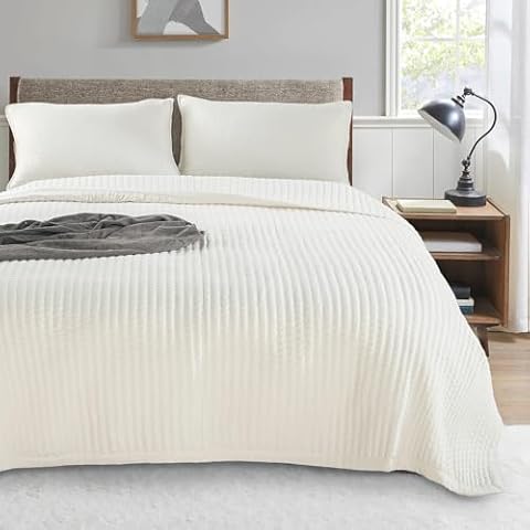 KASENTEX Quilt-Bedding-Coverlet-Blanket-Set, Machine Washable, Ultra Soft, Lightweight, Stone-Washed, Detailed Stitching - Solid Color (Ivory, Oversized King + 2 King Shams) Cover