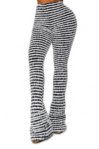 Wcuvbv Stacked Pants for Women Fuzzy Striped High Waist Patchwork Bodycon Bell Bottoms Sweatpants Black L