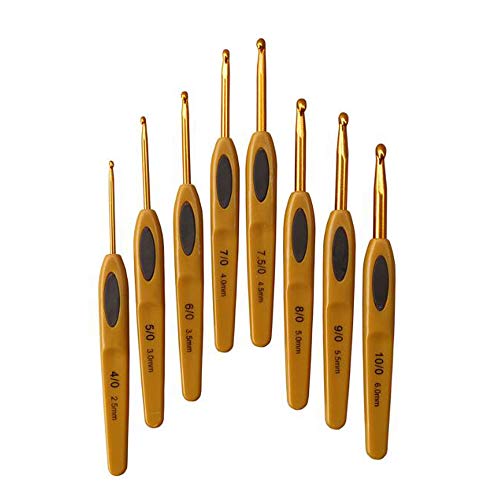 VOANZO 8pcs Brown Soft Plastic Handle Alumina Crochet Hooks Knitting Needles Set (Golden Hook)