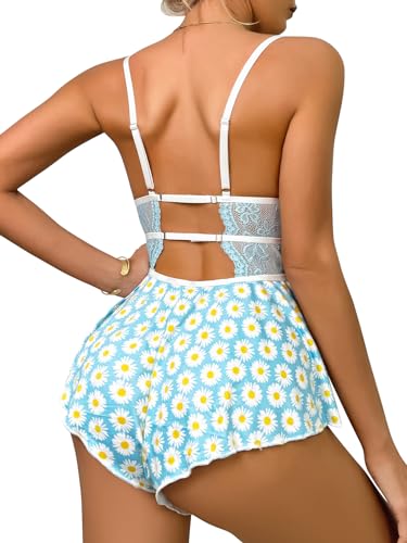 Image of Lilosy Sexy Bows Floral Lace Mesh Babydoll Lingerie Romper