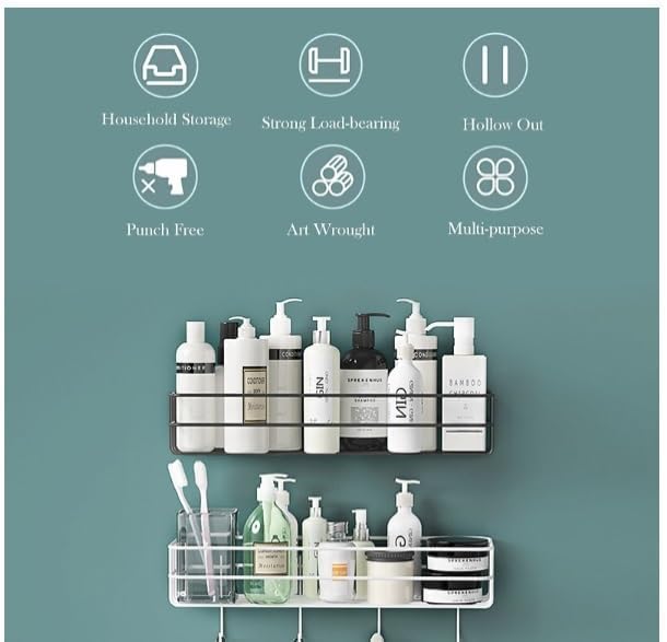 Image of Xmart India Bathroom Shelf for Wall, Self Adhesive Bathroom Organiser, 4 Hooks for Towel Holder, Wall Mounted Bathroom Shelf, Bathroom Organiser Without Drill Kitchen Organizer Rack(1 Pc, Black)
