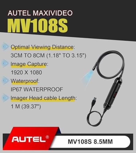Autel MaxiVideo MV108S Cámara de Inspección Digital, Actualización 2025 MV108/MV105S, Cámara Endoscópica Impermeable IP67 8.5mm, 39.37'' 2MP con Luz LED 1920x1080 Compatible con Autel Scanner y PC miniatura 2