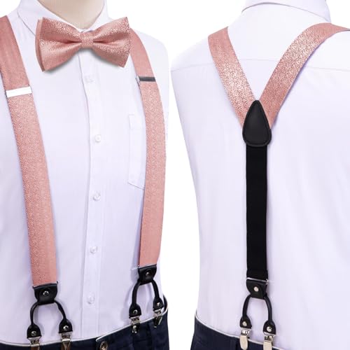 Image of Hi-Tie Men Suspender Bowtie Set Suspenders Pre-tied Bow Tie Pocket Square Cufflinks Adjustable Y Shape 6 Clips Braces Tuxedo