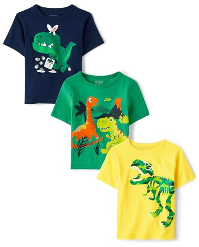 The Children's Place,Baby Boys,and Toddler Dino Short Sleeve Graphic T-Shirts,Multipacks,Volcano/Easter/Camo Dinos 3-Pack,12 Months,18 Months
