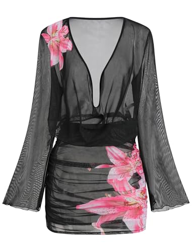Image of ZAFUL Womens Swimsuit Cover Up Dress Draped Neck Tie Waist Coverup Bathing Suit Mesh Swim Beach Dress