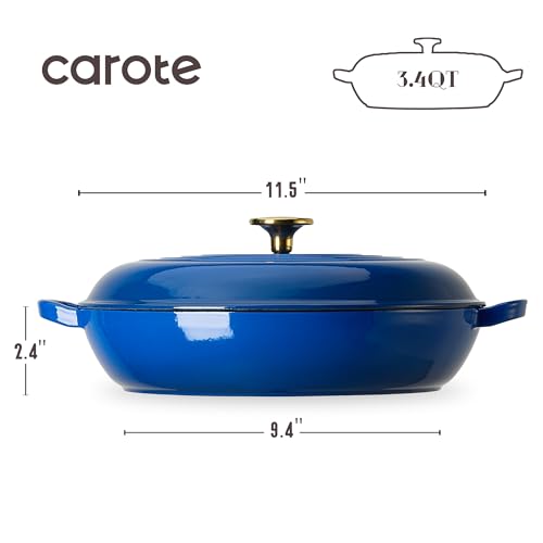 Image of CAROTE 3.4QT Enameled Cast Iron Braiser Pan, Shallow Dutch Oven Casserole Skillets, Non-Toxic Cast Iron Pot with Lid for Grilling, Searing, Baking, Dual Handles, All Stovetop Compatible, Blue