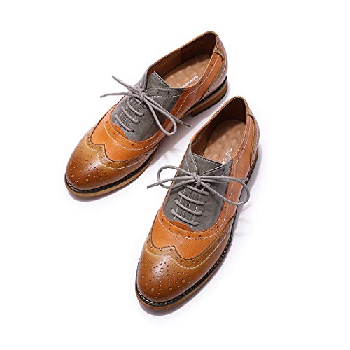 Image of Mona flying Womens Leather Wingtip Oxfords Brogue Shoes Lace-up Flats