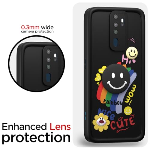 Image of Pikkme Back Cover for Oppo A5 2020 / A9 2020 | Soft Silicone| Cute Rainbow Smile & 3D Cartoon Flower Design | Shockproof Raised Camera Protection Bumper Case (Black)