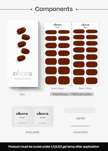 Image of ohora Semi Cured Gel Nail Strips (N Chilly) - Red, Solid, Works with Any UV /LED Lamps, Salon-Quality, Long Lasting, Easy to Apply & Remove - Includes 2 Prep Pads, Nail File & Wooden Stick