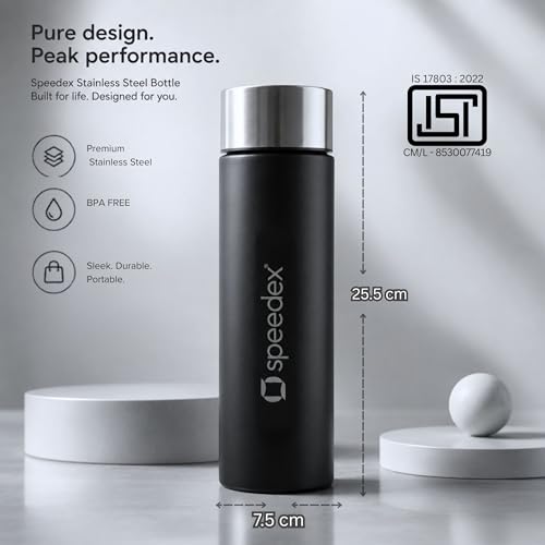 Image of Speedex Black Stainless Steel Water Bottle 1 Litre Set of 4 | Single Wall Water Bottles | BIS Approved Reusable Bottles for Kids & Adults | School, Office, Gym & Travel