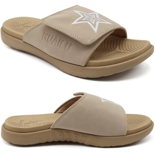 Image of KuaiLu Mens Athletic Slides Wide Adjustable Arch Support Sport Sandals | Soft Cushioned Open Toe Summer Slippers for Plantar Fasciitis Slip On House Shoes Indoor Outdoor