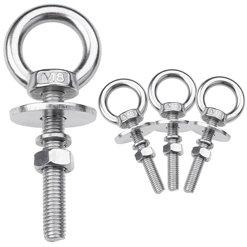 Image of 4 Pack M8 Stainless Steel Eye Bolts with Nuts, 5 /16 inch x 2 inch Eye Bolts | 304 Stainless Steel Eye Bolt,Eye Bolts Heavy Duty for Hang Tie Down Outdoor,m8 eye bolt,Long Lifting Ring Eye Bolt