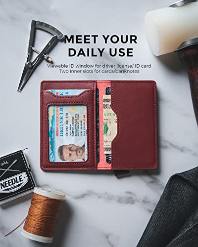 Image of VULKIT Slim Pop up Wallet for Women Minimalist Credit Card Holder with Leather Slots Men's Bifold RFID Blocking Metal Wallets, Ruby, S, Minimalist