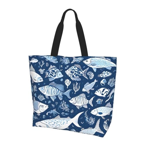 Women'S Large Capacity Cute Blue Fish Shoulder Shopping Bag,Tote Storage Bag,Simple And Fashionable Shoulder Bag For Travelling,Beach,Gym,Working.