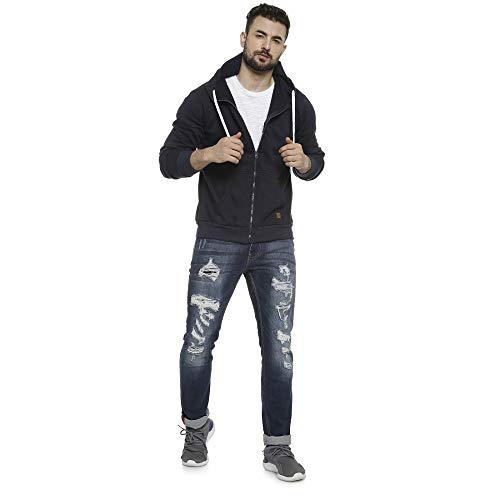 Image of CAHOOT Men's Dark Blue Zip-Front Hoodie with Contrast Drawstring for Casual Wear | Long Sleeve | Hooded Neck | Zipper Closure | Cotton Sweatshirt Crafted with Comfort Fit for Everyday Wear