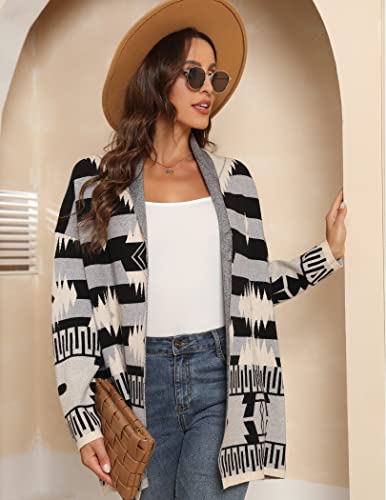 Women's Drop Shoulder Aztec Sweater Cardigan Outwear Long Sleeve Loose Knit Chunky Cardigan Sweater Coat Open Front #TOP1