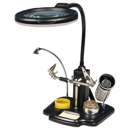 MC POWER - troisième main avec loupe LED | Support de fer à souder, grossissement 3 fois | Aide pour l'électrique, la soudure et le bricolage | maintien sûr pour les pièces | bonne visibilité grâce à l'éclairage LED